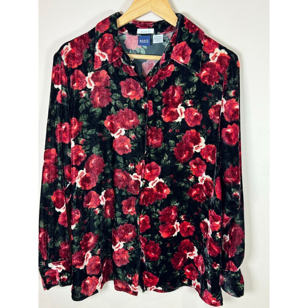 VTG Basic Editions Womens Velvet Top Button Down 90s Y2K Large
